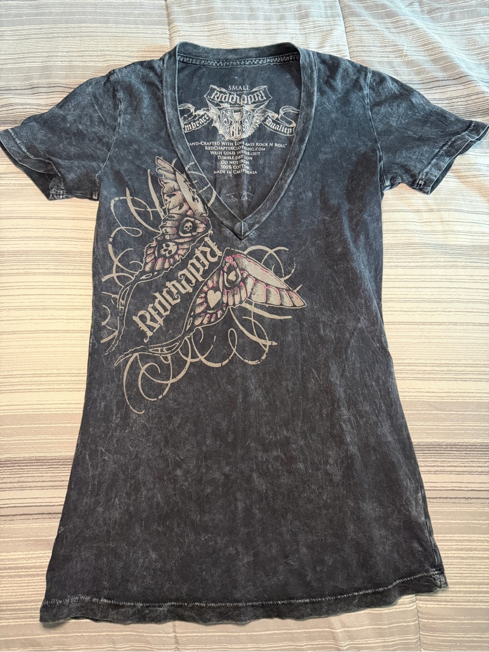 Women's Washed Black V-Neck Tee with Butterfly Graphic
